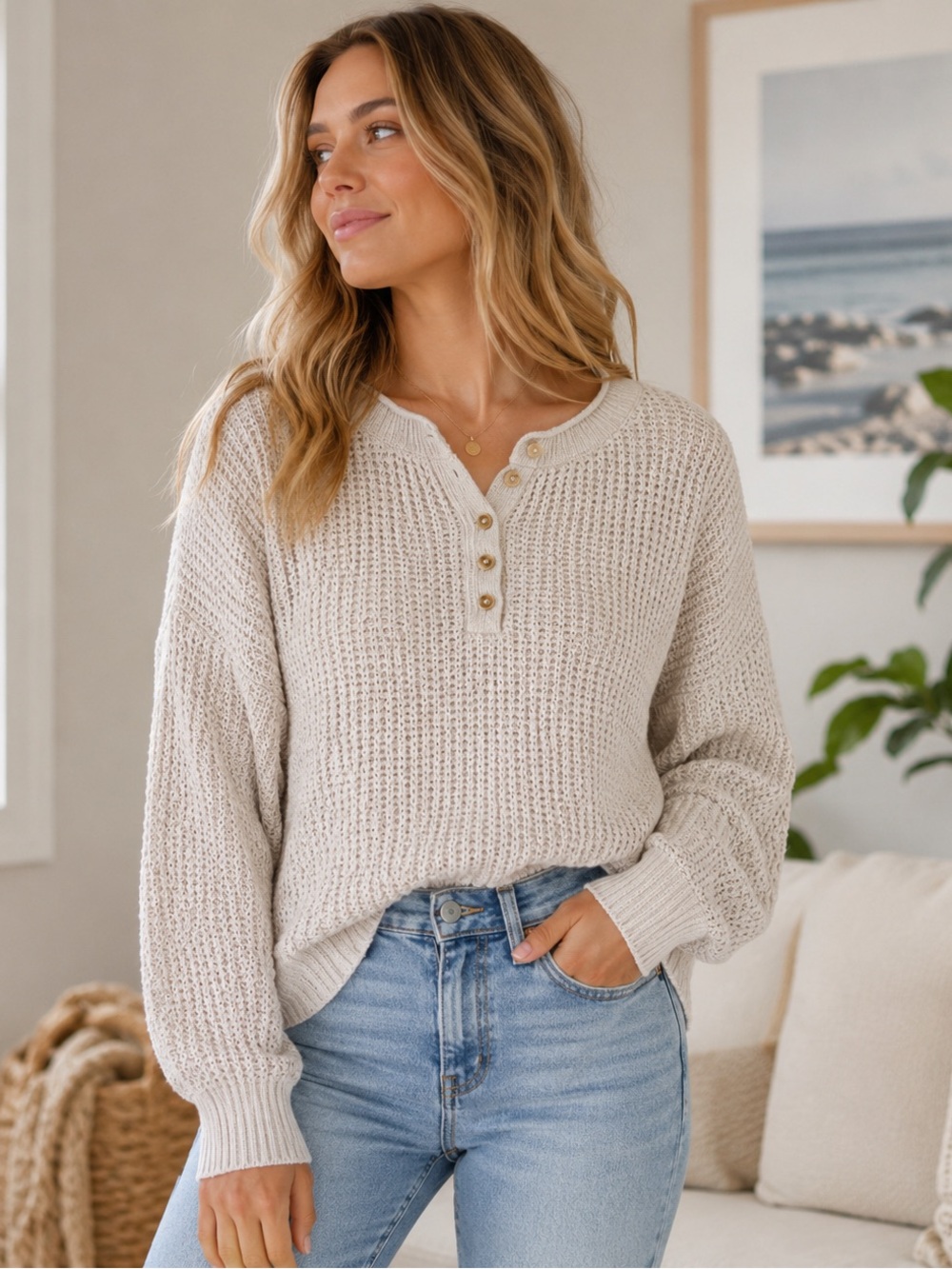 Aeropostale Chunky Cottage Quiet Luxury Cozy Knit Henley Sweater in Light Cream